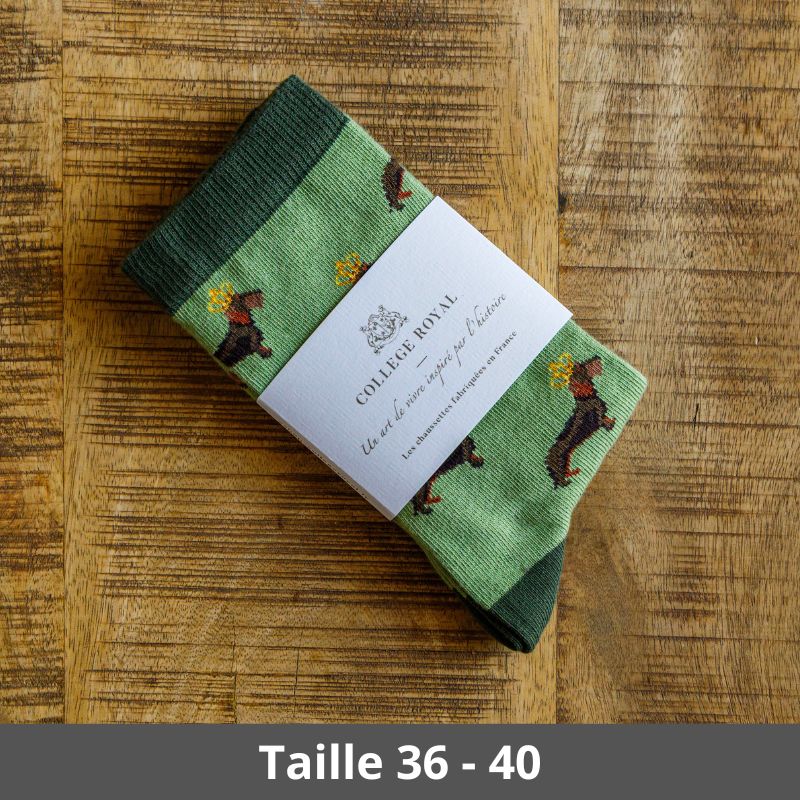 Chaussettes vertes « Teckels Couronnés » 36-40 – Collège Royal